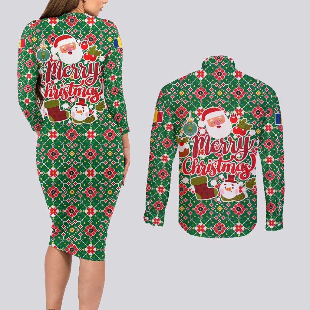Romania Christmas Couples Matching Long Sleeve Bodycon Dress and Long Sleeve Button Shirt with Green and Red Pattern Golden Eagle and Santa Motif - Wonder Print Shop