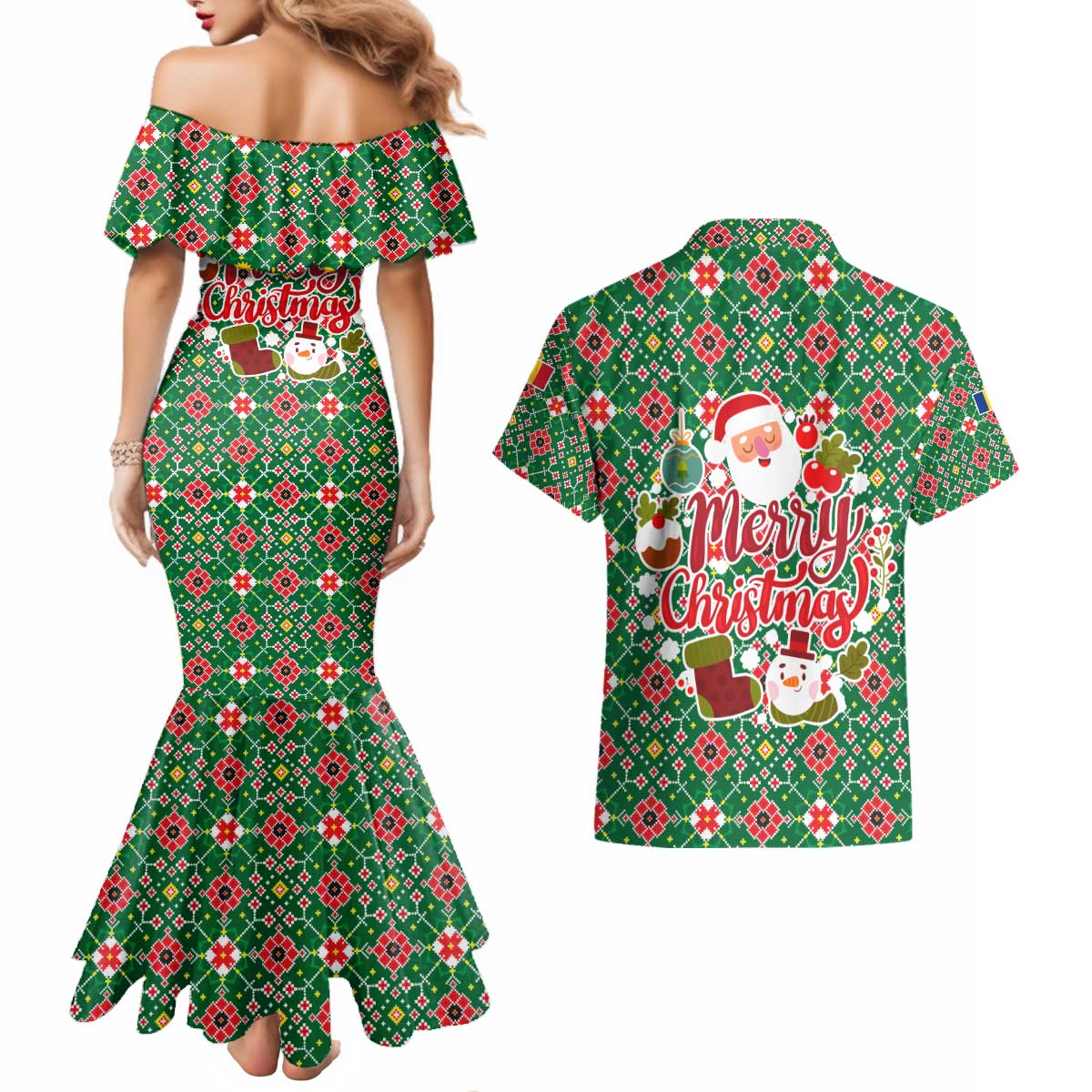 Romania Christmas Couples Matching Mermaid Dress and Hawaiian Shirt with Green and Red Pattern Golden Eagle and Santa Motif - Wonder Print Shop