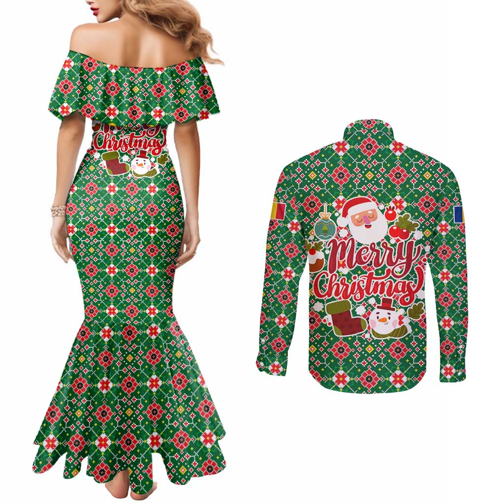 Romania Christmas Couples Matching Mermaid Dress and Long Sleeve Button Shirt with Green and Red Pattern Golden Eagle and Santa Motif - Wonder Print Shop