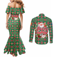 Romania Christmas Couples Matching Mermaid Dress and Long Sleeve Button Shirt with Green and Red Pattern Golden Eagle and Santa Motif - Wonder Print Shop