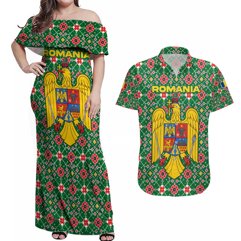 Romania Christmas Couples Matching Off Shoulder Maxi Dress and Hawaiian Shirt with Green and Red Pattern Golden Eagle and Santa Motif - Wonder Print Shop