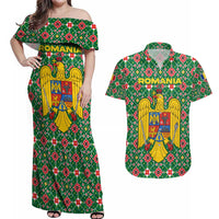 Romania Christmas Couples Matching Off Shoulder Maxi Dress and Hawaiian Shirt with Green and Red Pattern Golden Eagle and Santa Motif - Wonder Print Shop