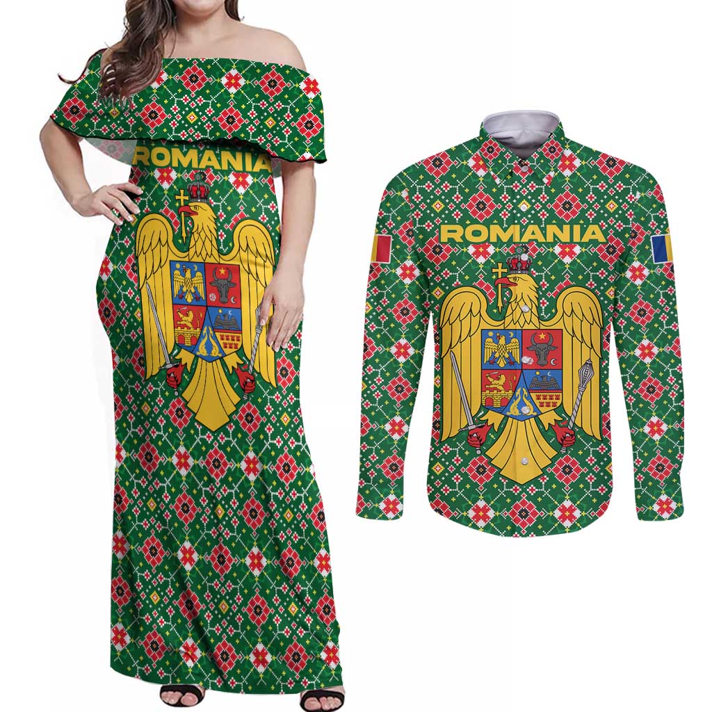 Romania Christmas Couples Matching Off Shoulder Maxi Dress and Long Sleeve Button Shirt with Green and Red Pattern Golden Eagle and Santa Motif - Wonder Print Shop