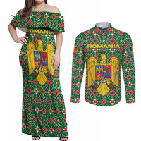 Romania Christmas Couples Matching Off Shoulder Maxi Dress and Long Sleeve Button Shirt with Green and Red Pattern Golden Eagle and Santa Motif - Wonder Print Shop