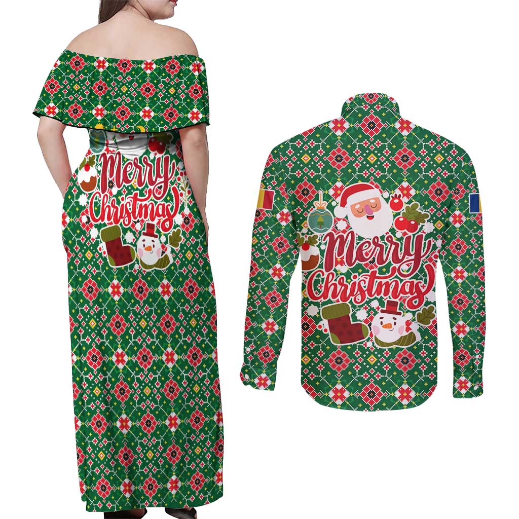 Romania Christmas Couples Matching Off Shoulder Maxi Dress and Long Sleeve Button Shirt with Green and Red Pattern Golden Eagle and Santa Motif - Wonder Print Shop