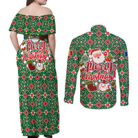 Romania Christmas Couples Matching Off Shoulder Maxi Dress and Long Sleeve Button Shirt with Green and Red Pattern Golden Eagle and Santa Motif - Wonder Print Shop