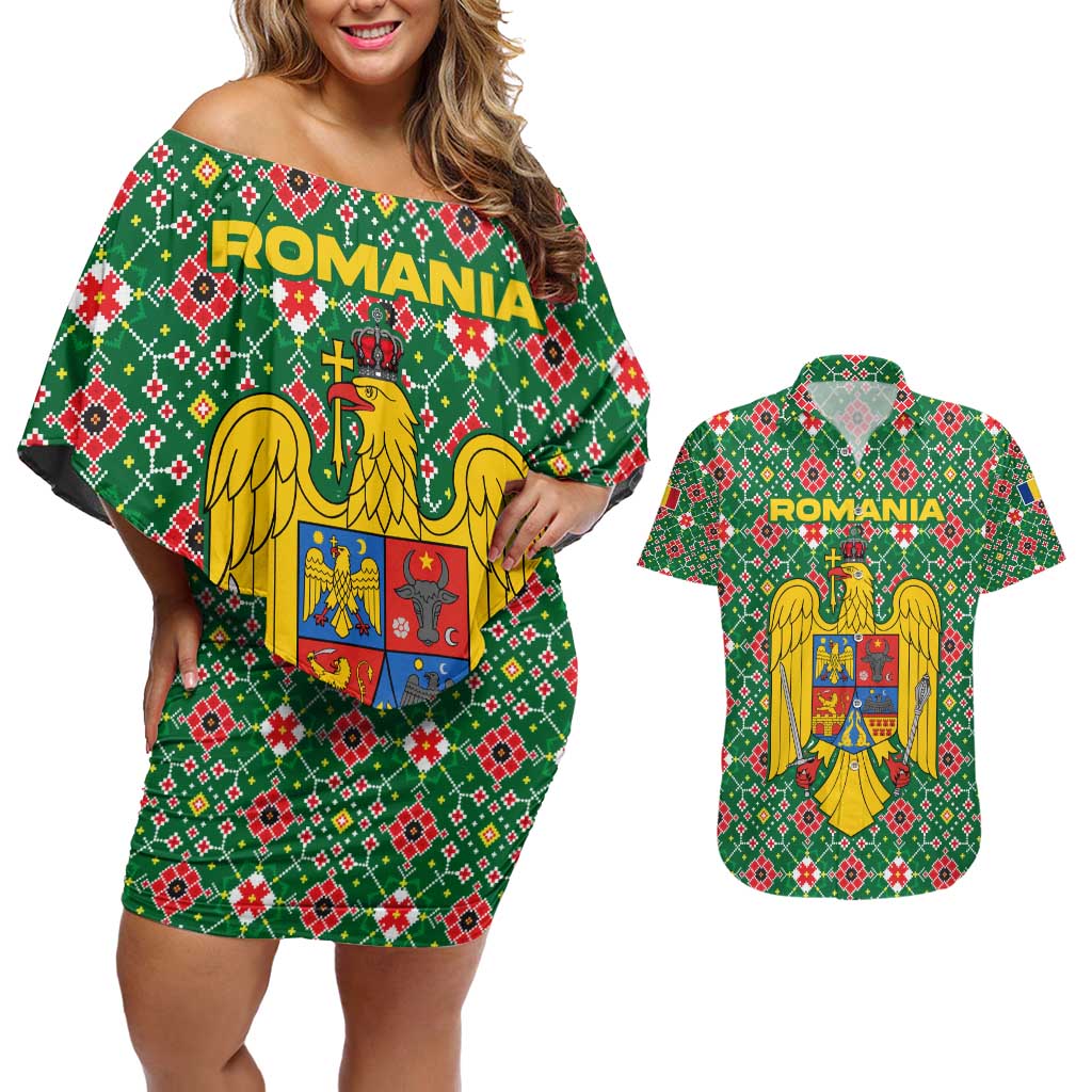 Romania Christmas Couples Matching Off Shoulder Short Dress and Hawaiian Shirt with Green and Red Pattern Golden Eagle and Santa Motif - Wonder Print Shop