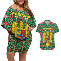 Romania Christmas Couples Matching Off Shoulder Short Dress and Hawaiian Shirt with Green and Red Pattern Golden Eagle and Santa Motif - Wonder Print Shop