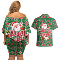 Romania Christmas Couples Matching Off Shoulder Short Dress and Hawaiian Shirt with Green and Red Pattern Golden Eagle and Santa Motif - Wonder Print Shop