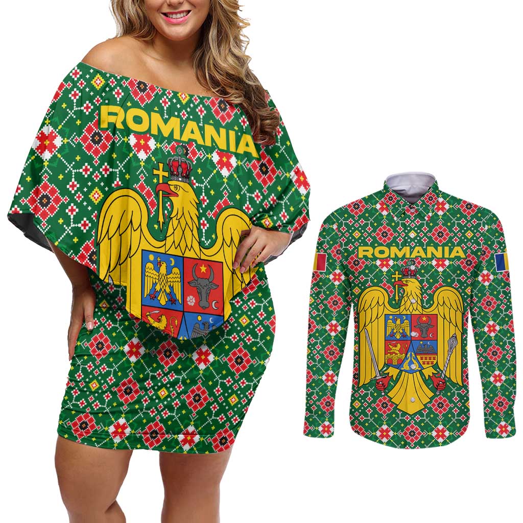 Romania Christmas Couples Matching Off Shoulder Short Dress and Long Sleeve Button Shirt with Green and Red Pattern Golden Eagle and Santa Motif - Wonder Print Shop