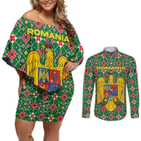 Romania Christmas Couples Matching Off Shoulder Short Dress and Long Sleeve Button Shirt with Green and Red Pattern Golden Eagle and Santa Motif - Wonder Print Shop