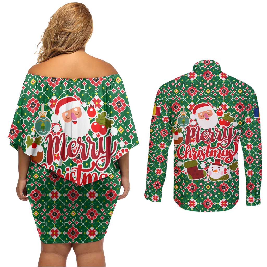 Romania Christmas Couples Matching Off Shoulder Short Dress and Long Sleeve Button Shirt with Green and Red Pattern Golden Eagle and Santa Motif - Wonder Print Shop