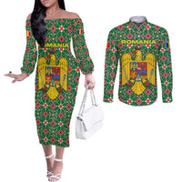 Romania Christmas Couples Matching Off The Shoulder Long Sleeve Dress and Long Sleeve Button Shirt with Green and Red Pattern Golden Eagle and Santa Motif - Wonder Print Shop