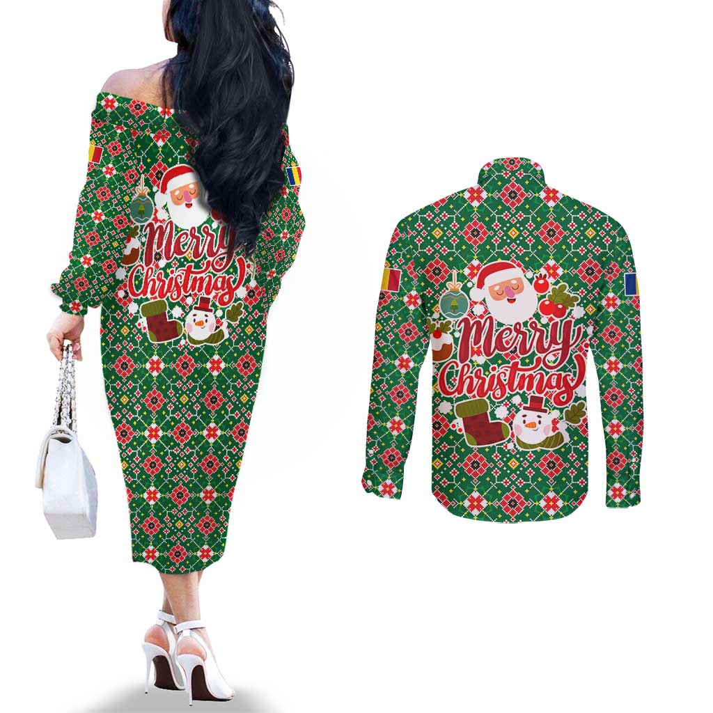 Romania Christmas Couples Matching Off The Shoulder Long Sleeve Dress and Long Sleeve Button Shirt with Green and Red Pattern Golden Eagle and Santa Motif - Wonder Print Shop