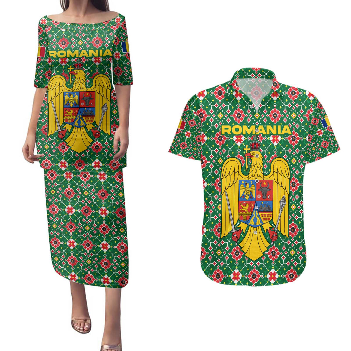 Romania Christmas Couples Matching Puletasi and Hawaiian Shirt with Green and Red Pattern Golden Eagle and Santa Motif - Wonder Print Shop