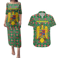 Romania Christmas Couples Matching Puletasi and Hawaiian Shirt with Green and Red Pattern Golden Eagle and Santa Motif - Wonder Print Shop