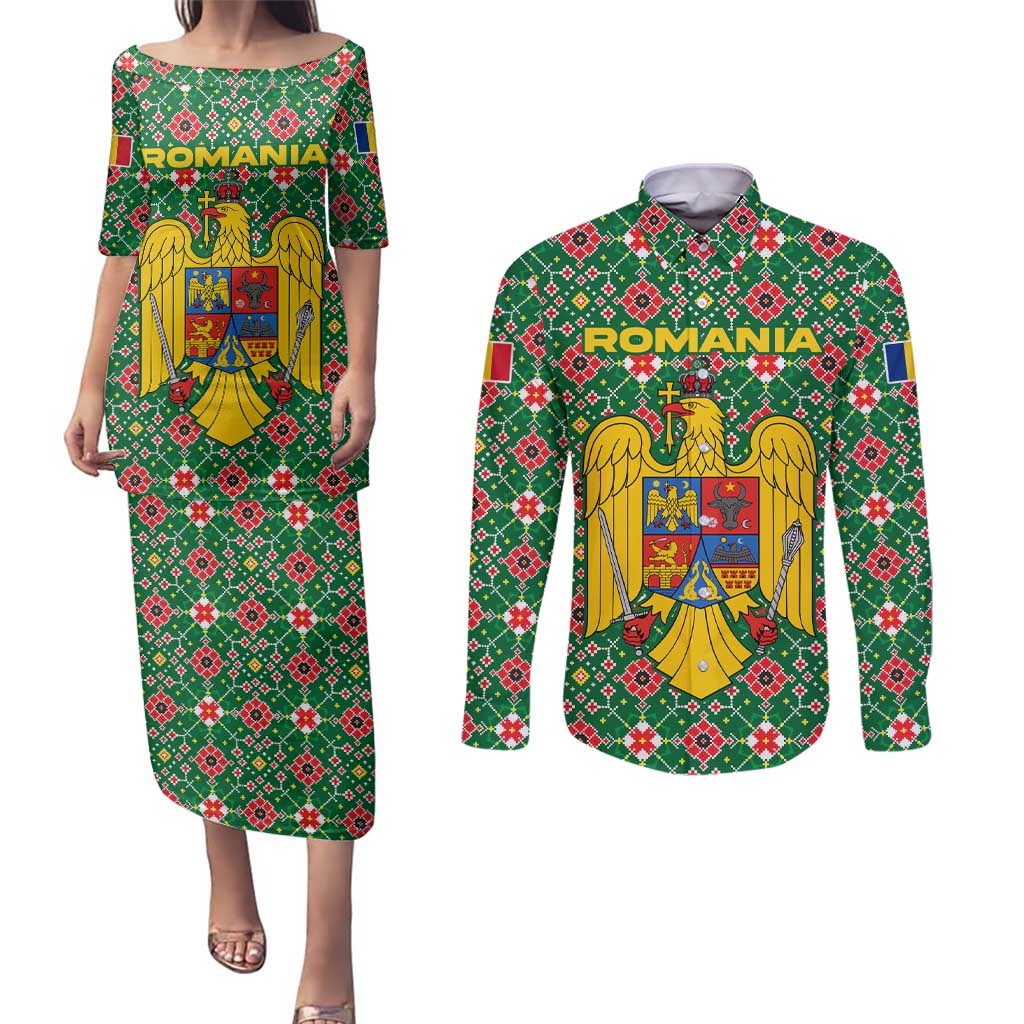 Romania Christmas Couples Matching Puletasi and Long Sleeve Button Shirt with Green and Red Pattern Golden Eagle and Santa Motif - Wonder Print Shop