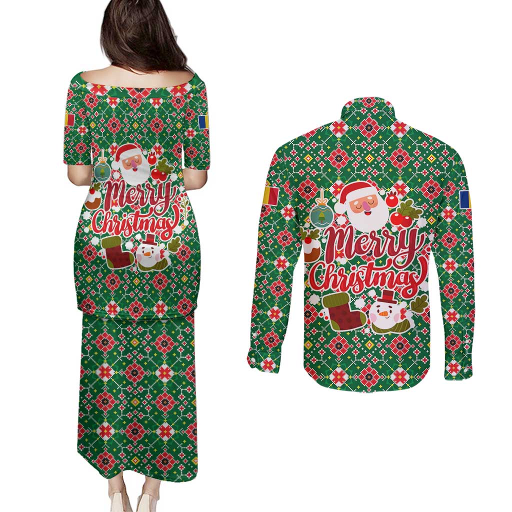 Romania Christmas Couples Matching Puletasi and Long Sleeve Button Shirt with Green and Red Pattern Golden Eagle and Santa Motif - Wonder Print Shop