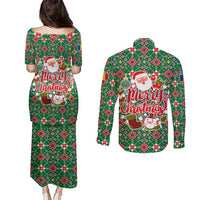 Romania Christmas Couples Matching Puletasi and Long Sleeve Button Shirt with Green and Red Pattern Golden Eagle and Santa Motif - Wonder Print Shop