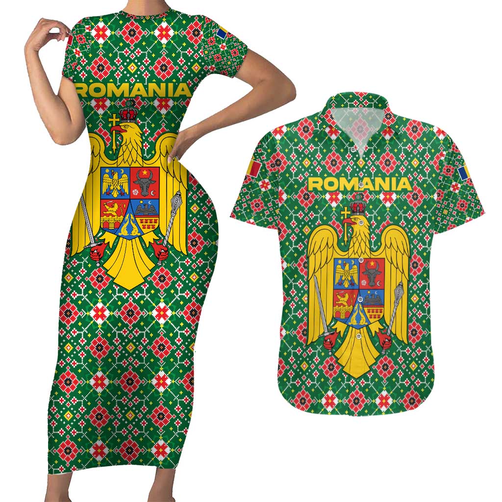 Romania Christmas Couples Matching Short Sleeve Bodycon Dress and Hawaiian Shirt with Green and Red Pattern Golden Eagle and Santa Motif - Wonder Print Shop