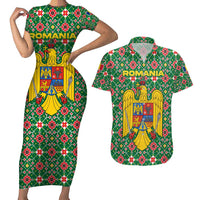 Romania Christmas Couples Matching Short Sleeve Bodycon Dress and Hawaiian Shirt with Green and Red Pattern Golden Eagle and Santa Motif - Wonder Print Shop