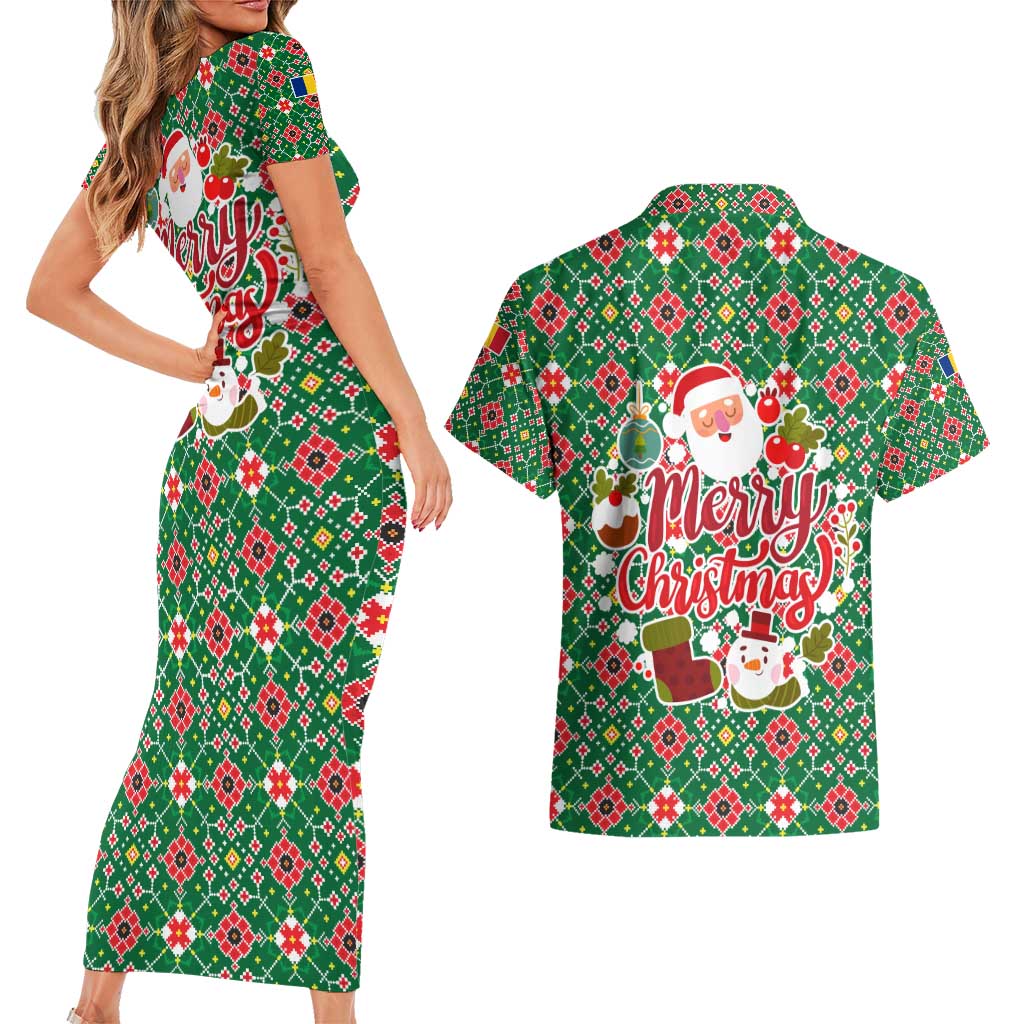 Romania Christmas Couples Matching Short Sleeve Bodycon Dress and Hawaiian Shirt with Green and Red Pattern Golden Eagle and Santa Motif - Wonder Print Shop