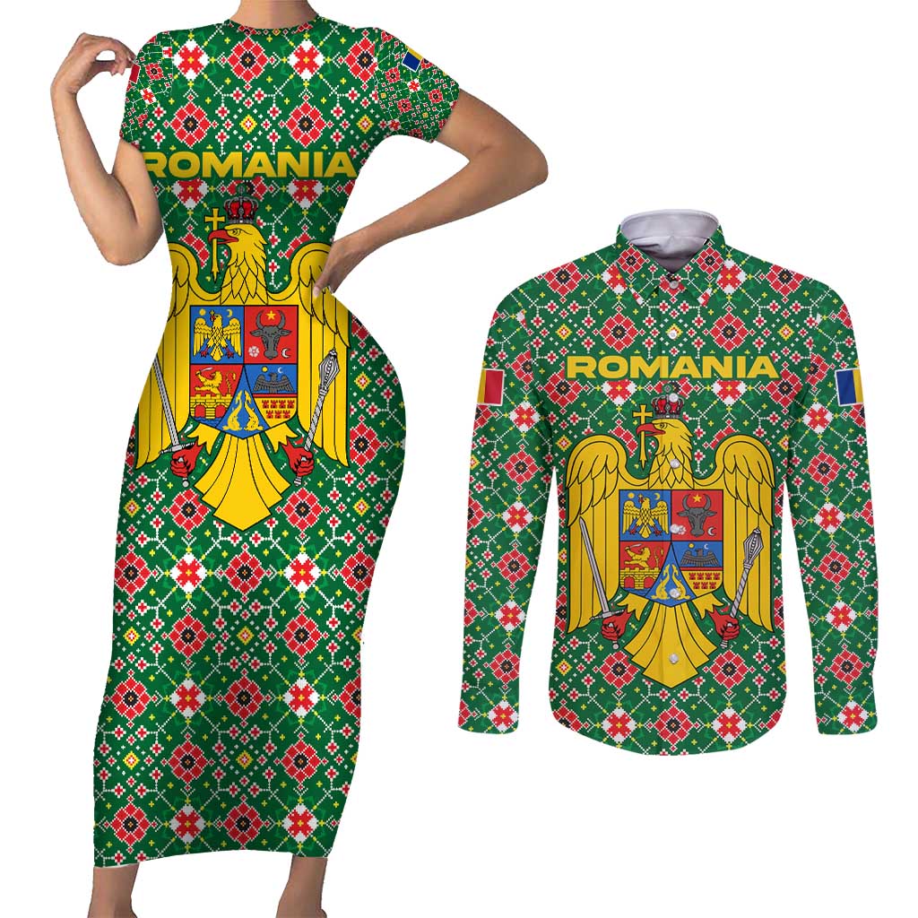 Romania Christmas Couples Matching Short Sleeve Bodycon Dress and Long Sleeve Button Shirt with Green and Red Pattern Golden Eagle and Santa Motif - Wonder Print Shop