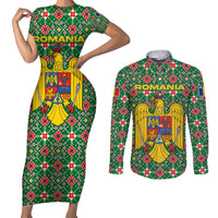 Romania Christmas Couples Matching Short Sleeve Bodycon Dress and Long Sleeve Button Shirt with Green and Red Pattern Golden Eagle and Santa Motif - Wonder Print Shop