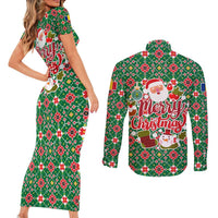 Romania Christmas Couples Matching Short Sleeve Bodycon Dress and Long Sleeve Button Shirt with Green and Red Pattern Golden Eagle and Santa Motif - Wonder Print Shop