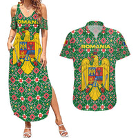 Romania Christmas Couples Matching Summer Maxi Dress and Hawaiian Shirt with Green and Red Pattern Golden Eagle and Santa Motif - Wonder Print Shop