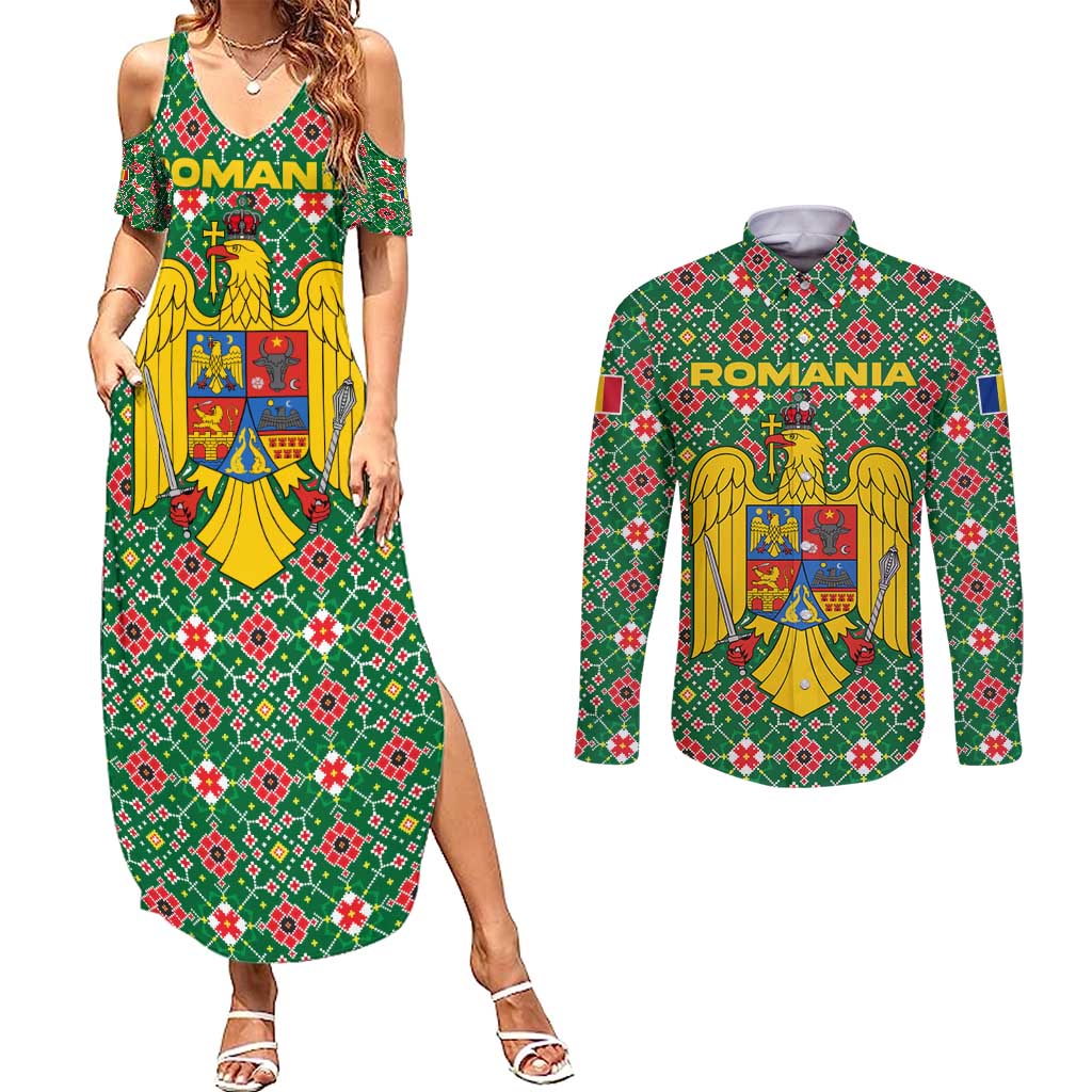 Romania Christmas Couples Matching Summer Maxi Dress and Long Sleeve Button Shirt with Green and Red Pattern Golden Eagle and Santa Motif - Wonder Print Shop