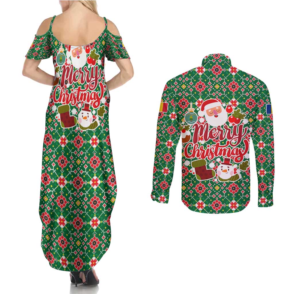 Romania Christmas Couples Matching Summer Maxi Dress and Long Sleeve Button Shirt with Green and Red Pattern Golden Eagle and Santa Motif - Wonder Print Shop