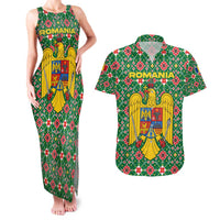 Romania Christmas Couples Matching Tank Maxi Dress and Hawaiian Shirt with Green and Red Pattern Golden Eagle and Santa Motif - Wonder Print Shop