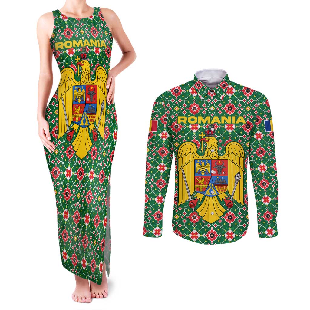Romania Christmas Couples Matching Tank Maxi Dress and Long Sleeve Button Shirt with Green and Red Pattern Golden Eagle and Santa Motif - Wonder Print Shop