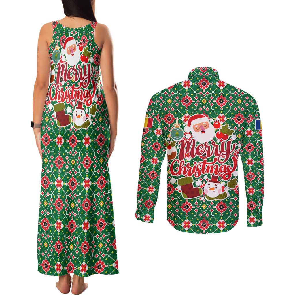 Romania Christmas Couples Matching Tank Maxi Dress and Long Sleeve Button Shirt with Green and Red Pattern Golden Eagle and Santa Motif - Wonder Print Shop