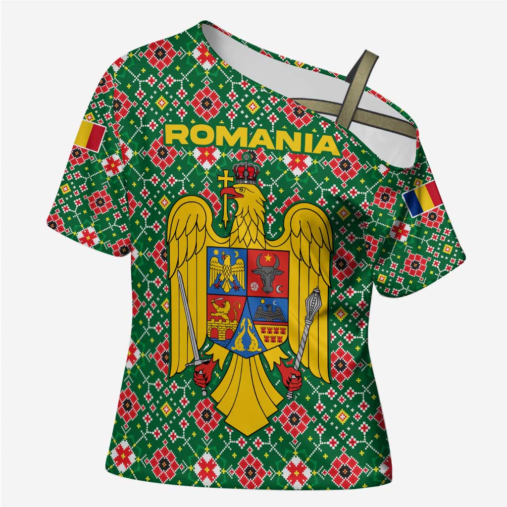Romania Christmas Cross Shoulder Shirt with Green and Red Pattern Golden Eagle and Santa Motif - Wonder Print Shop