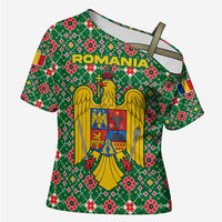Romania Christmas Cross Shoulder Shirt with Green and Red Pattern Golden Eagle and Santa Motif - Wonder Print Shop