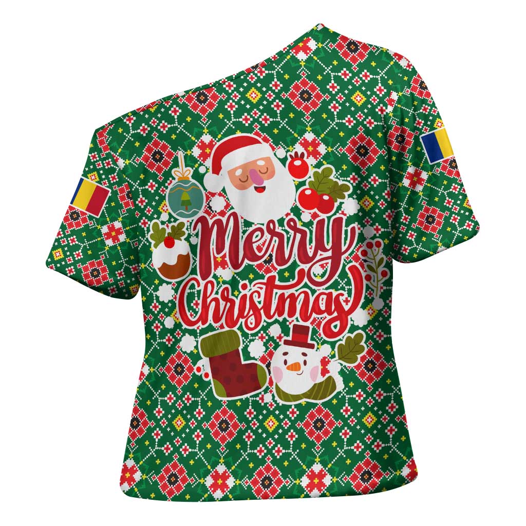 Romania Christmas Cross Shoulder Shirt with Green and Red Pattern Golden Eagle and Santa Motif - Wonder Print Shop