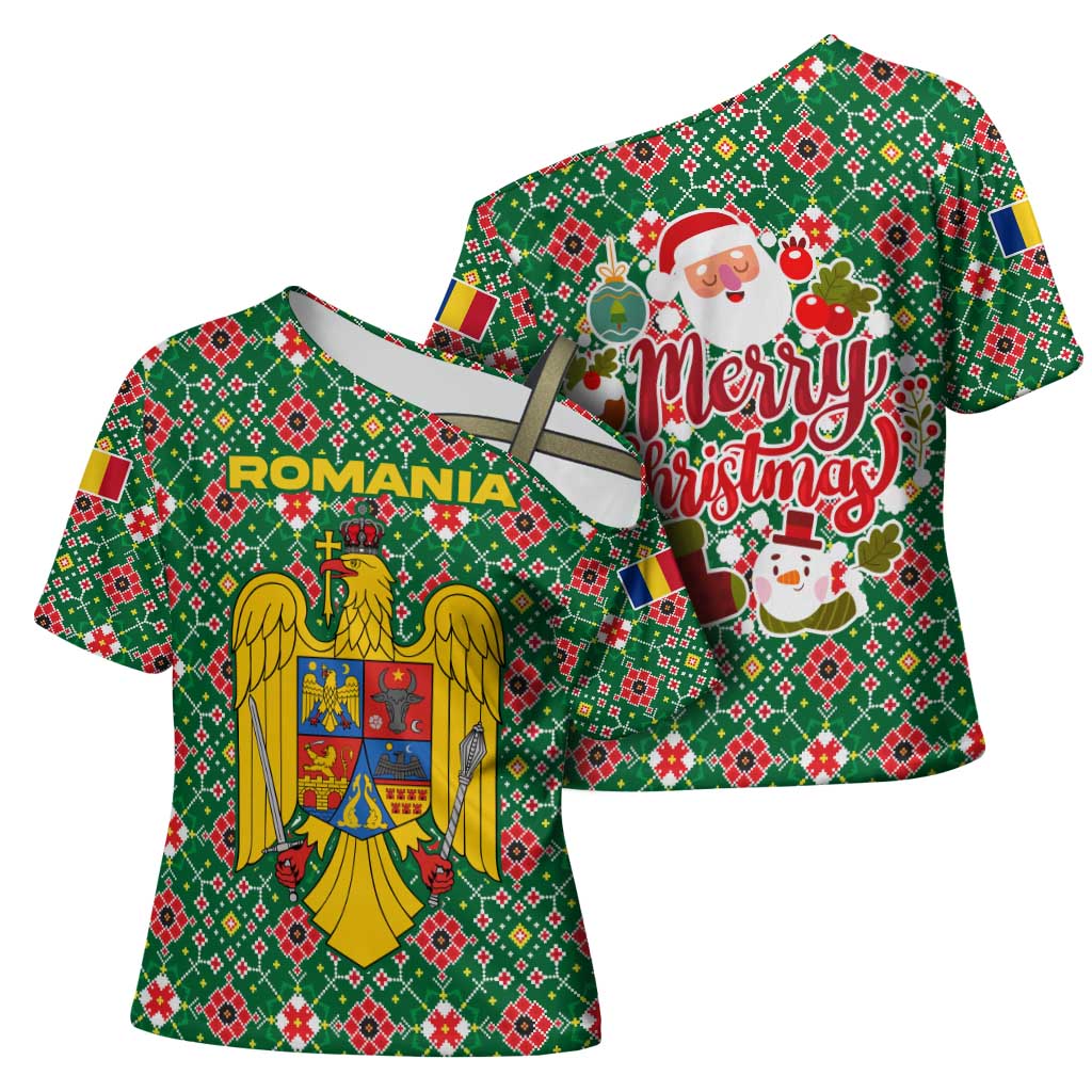 Romania Christmas Cross Shoulder Shirt with Green and Red Pattern Golden Eagle and Santa Motif - Wonder Print Shop