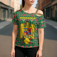 Romania Christmas Cross Shoulder Shirt with Green and Red Pattern Golden Eagle and Santa Motif - Wonder Print Shop