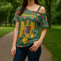 Romania Christmas Cross Shoulder Shirt with Green and Red Pattern Golden Eagle and Santa Motif - Wonder Print Shop