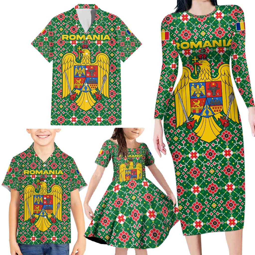 Romania Christmas Family Matching Long Sleeve Bodycon Dress and Hawaiian Shirt with Green and Red Pattern Golden Eagle and Santa Motif - Wonder Print Shop