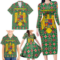 Romania Christmas Family Matching Long Sleeve Bodycon Dress and Hawaiian Shirt with Green and Red Pattern Golden Eagle and Santa Motif - Wonder Print Shop