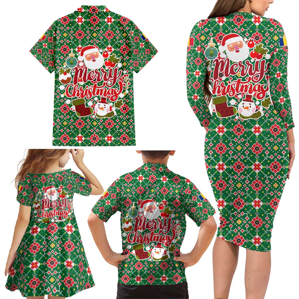 Romania Christmas Family Matching Long Sleeve Bodycon Dress and Hawaiian Shirt with Green and Red Pattern Golden Eagle and Santa Motif - Wonder Print Shop