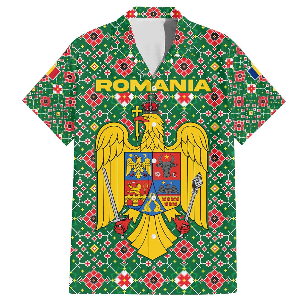 Romania Christmas Family Matching Long Sleeve Bodycon Dress and Hawaiian Shirt with Green and Red Pattern Golden Eagle and Santa Motif - Wonder Print Shop