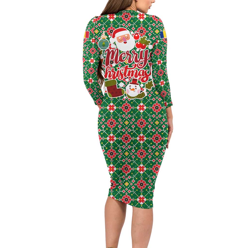 Romania Christmas Family Matching Long Sleeve Bodycon Dress and Hawaiian Shirt with Green and Red Pattern Golden Eagle and Santa Motif - Wonder Print Shop