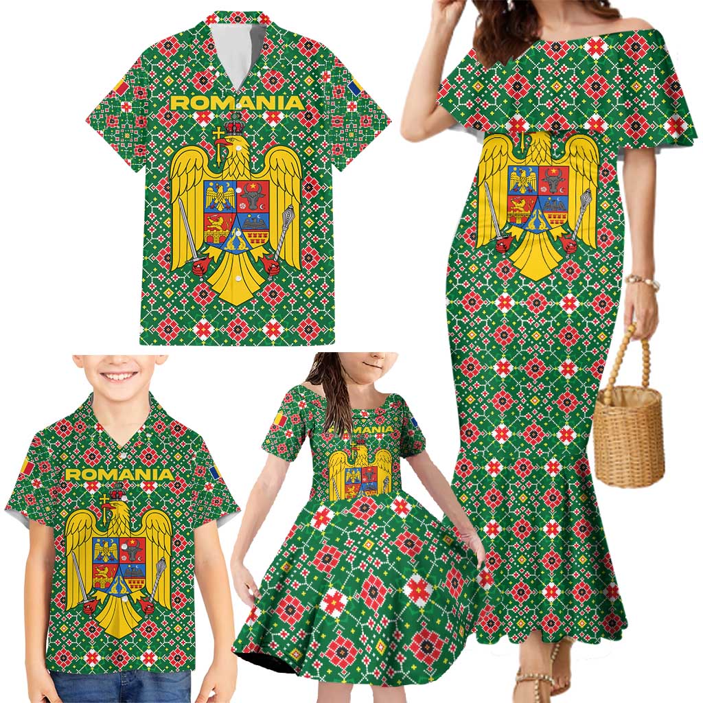 Romania Christmas Family Matching Mermaid Dress and Hawaiian Shirt with Green and Red Pattern Golden Eagle and Santa Motif - Wonder Print Shop