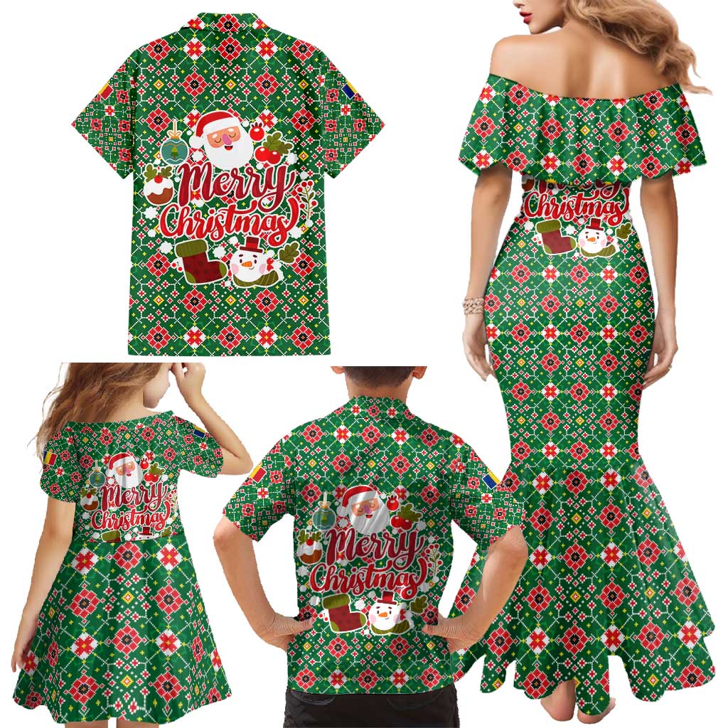 Romania Christmas Family Matching Mermaid Dress and Hawaiian Shirt with Green and Red Pattern Golden Eagle and Santa Motif - Wonder Print Shop