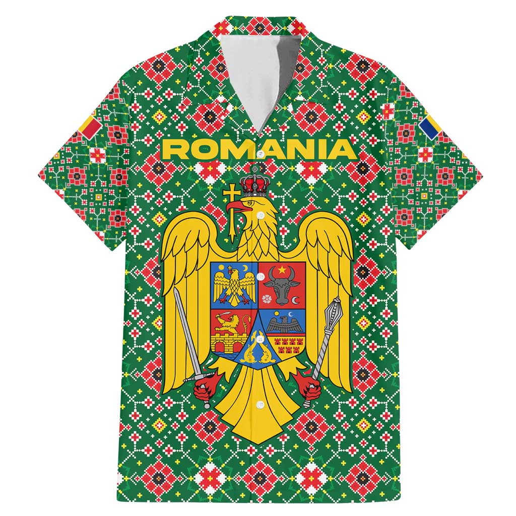 Romania Christmas Family Matching Mermaid Dress and Hawaiian Shirt with Green and Red Pattern Golden Eagle and Santa Motif - Wonder Print Shop