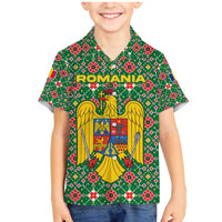Romania Christmas Family Matching Mermaid Dress and Hawaiian Shirt with Green and Red Pattern Golden Eagle and Santa Motif - Wonder Print Shop